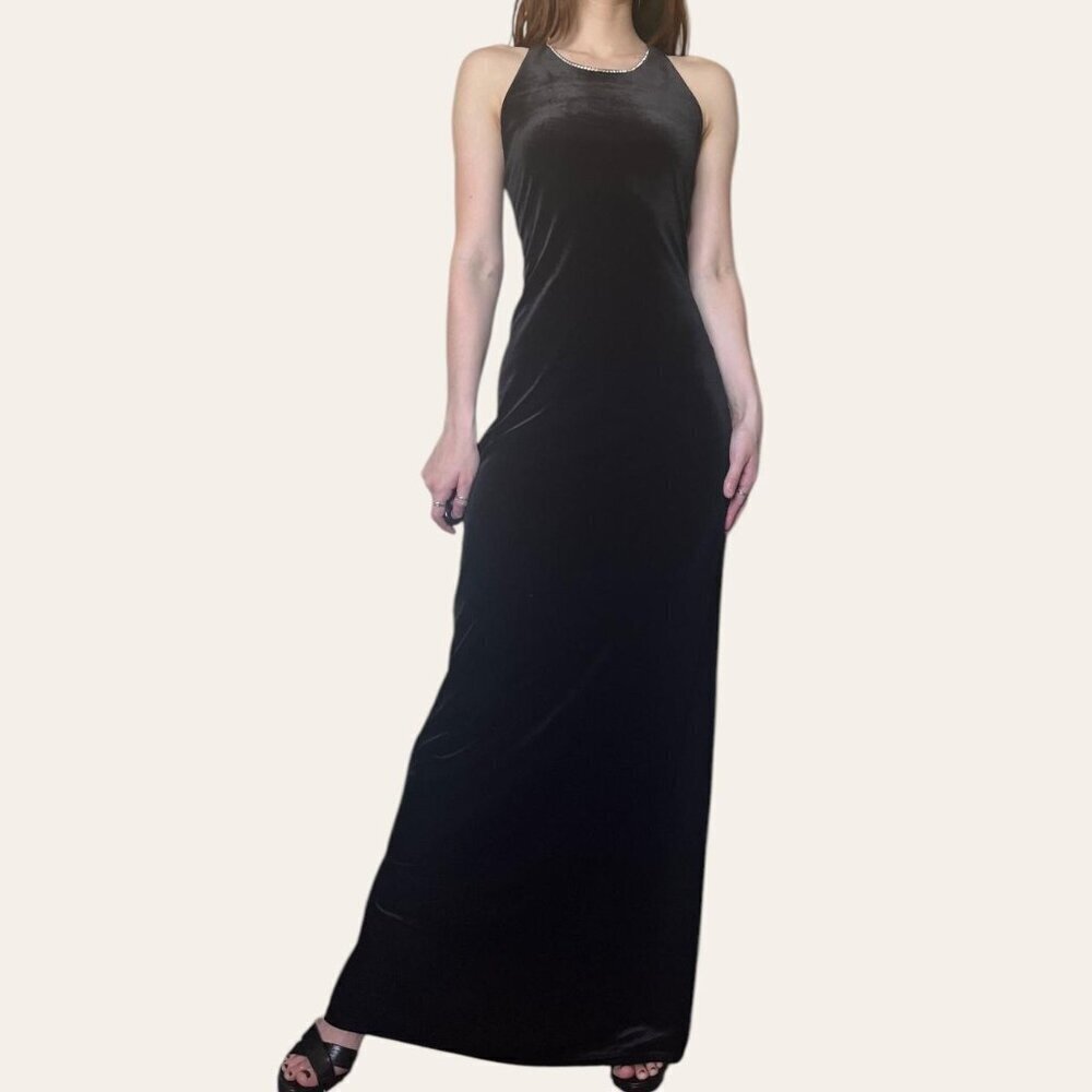 Onyx Nite 90s black velvet x-back diamante high neck formal dress vintage Medium - Picture 6 of 7